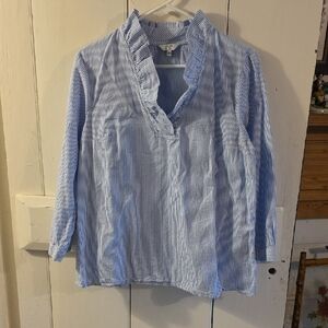Crown And Ivy Blue Striped Blouse with Ruffle Collar